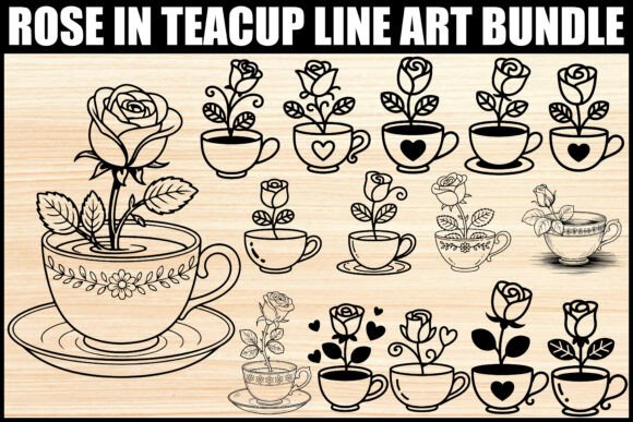 Rose in Teacup Line Art Bundle: Graphics and Illustrations for Publishers